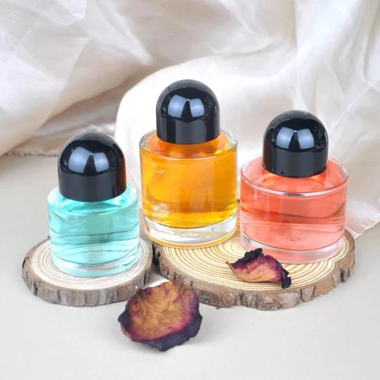 Bouteille de parfum ronde transparente en verre, cylindrique, vide, séparée, avec capuchon noir, vente en gros